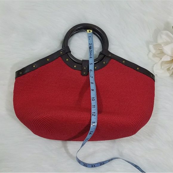 Red Straw Purse Round Wooden Handles 3 Pockets - Picture 3 of 8